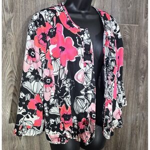 Kim Rogers Women's L Floral Linen‎ Blend Jacket Bolero Cropped Pink Black White